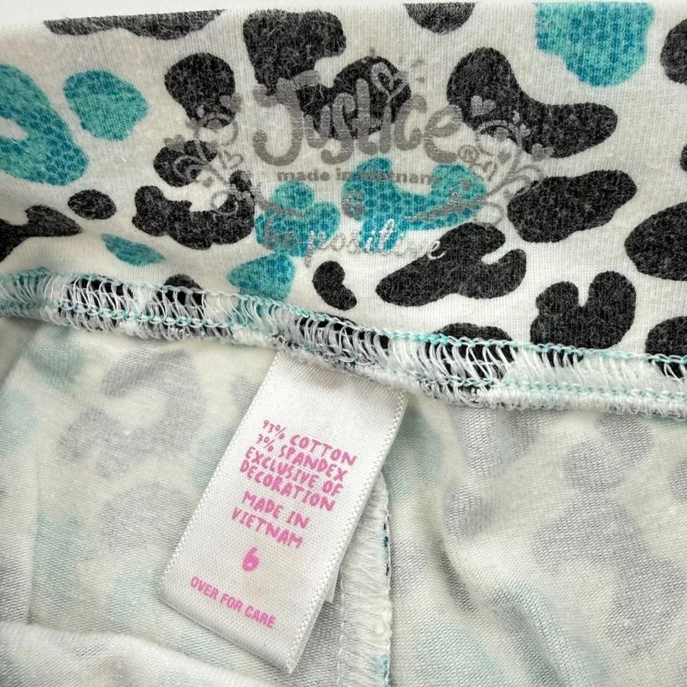 Justice Girls Y2K Leopard Print Cropped Leggings Teal &‎ Black Lace Trim Size 6